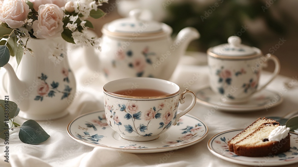 Elegant tea set with floral patterns and a slice of cake Elegant tea set with floral patterns and a slice of cake