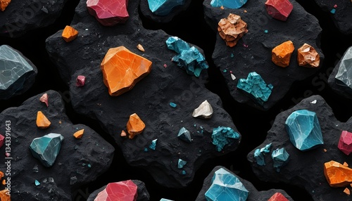 Colorful Gemstone Rocks Dark Background Abstract Seamless Pattern