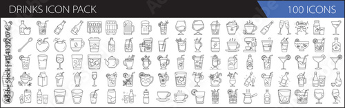 Drinks Icon Pack with 100 Outline Icons - A collection of 100 outline drink icons in a minimalist style. Includes coffee, cocktails, juice, soda, and other beverage illustrations.

