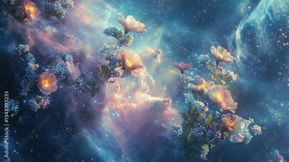 custom made wallpaper toronto digitalEthereal Floral Arrangement in a Cosmic Landscape with Stars and Nebulae Surrounding Blooms