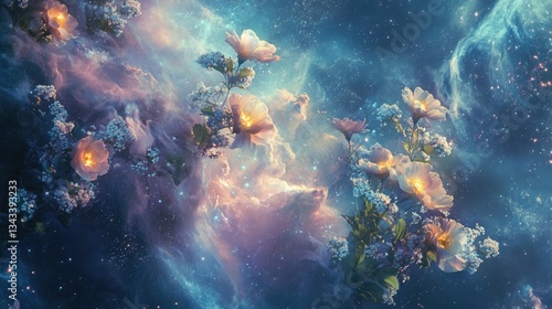 Wallpaper Mural Ethereal Floral Arrangement in a Cosmic Landscape with Stars and Nebulae Surrounding Blooms Torontodigital.ca