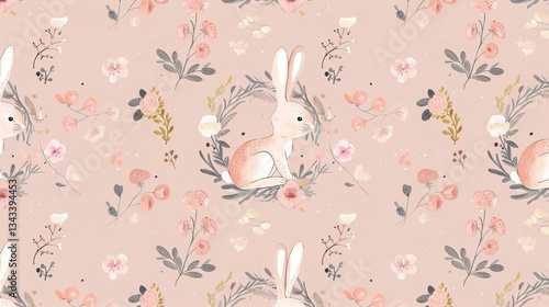 Charming Easter Bunnies in a Flower Wreath: Pink Background