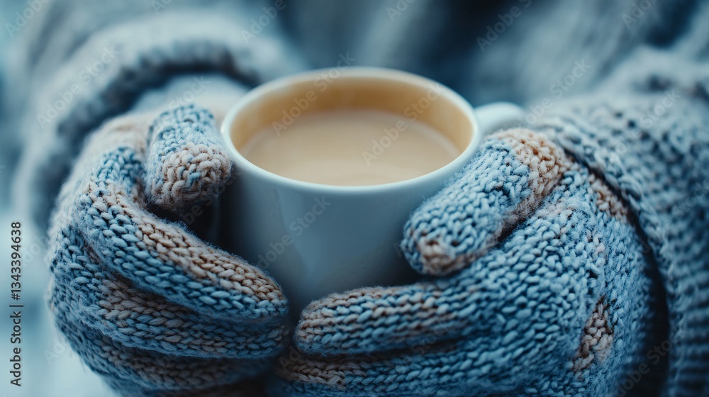Cozy knitted gloves holding a warm beverage in a white mug Cozy knitted gloves holding a warm beverage in a white mug