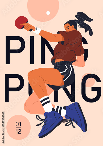 Ping pong poster design with female athlete. Woman playing table tennis, holding racket, hitting ball, promotion card for sports game championship, tournament, match. Flat vector illustration