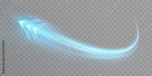 Light effect of high-speed movement of the speed of light along a curved trajectory of bright flickers. Dynamic movement of a high-speed arrow of light energy. Adobe Illustrator Artwork