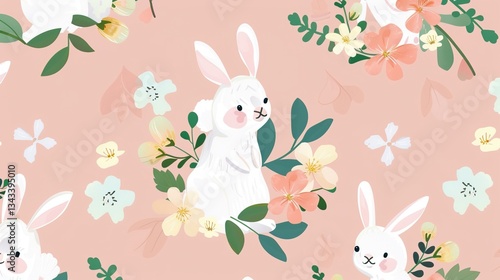 Charming Easter Bunnies in a Flower Wreath: Pink Background