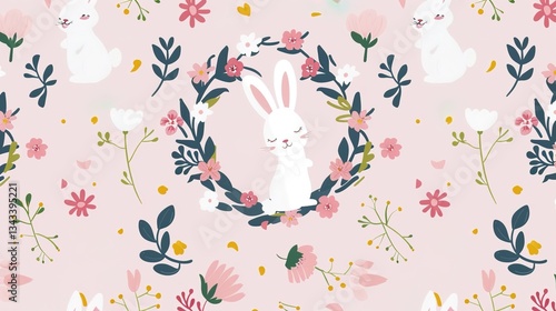 Charming Easter Bunnies in a Flower Wreath: Pink Background