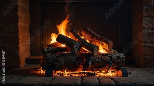 The fireplace's orange and red flames burn hot, casting a warm light on the dark wood