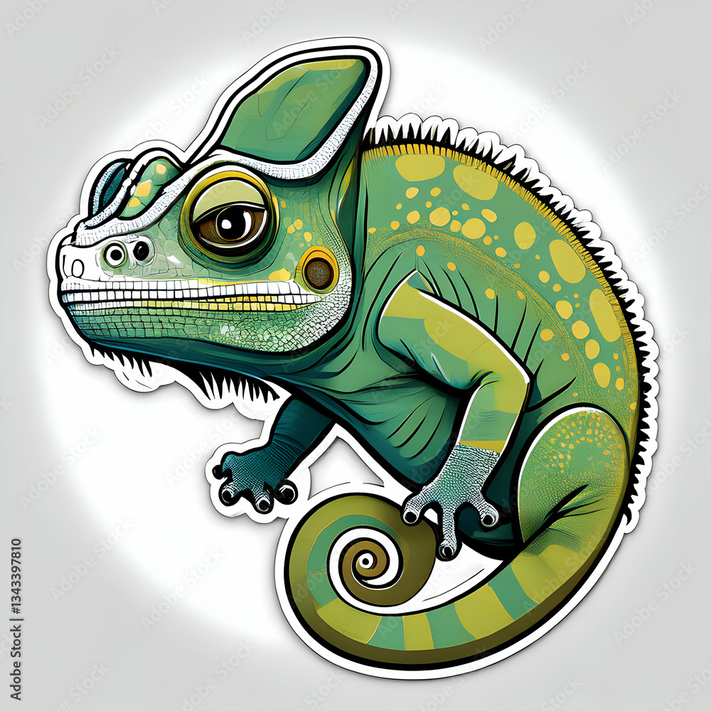 Obraz premium A Whimsical Chameleon, Boasting Vibrant Green And Yellow Scales, Perches Playfully With A Quirky, Almost Comical Expression, In A Bold, Graphic Style