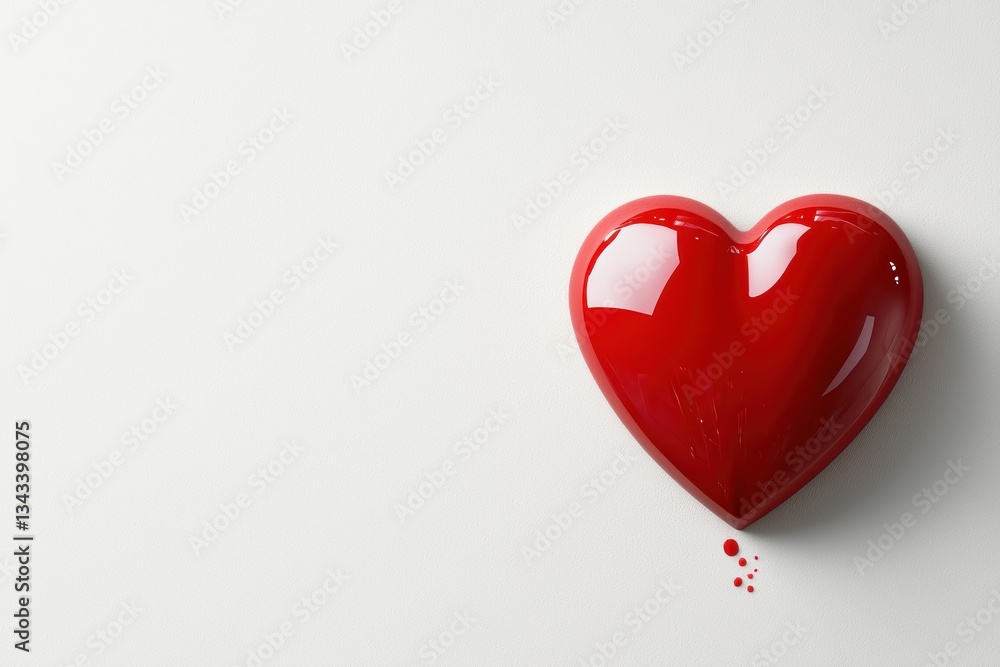 Glossy Red Heart Shape on White Background with Dripping Paint for Love and Romance Concept , copy space