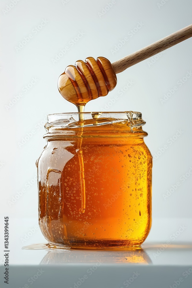Honey dripping from wooden dipper into glass jar Honey dripping from wooden dipper into glass jar