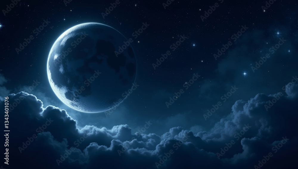 Obraz premium Crescent moon in night starry sky with fluffy clouds. Dark blue background with copy space