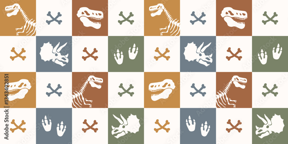 Dinosaurs Seamless Pattern. Checkered Cartoon Dinosaurs Seamless Repeat Design. Dinosaurs Seamless Pattern. Checkered Cartoon Dinosaurs Seamless Repeat Design.
