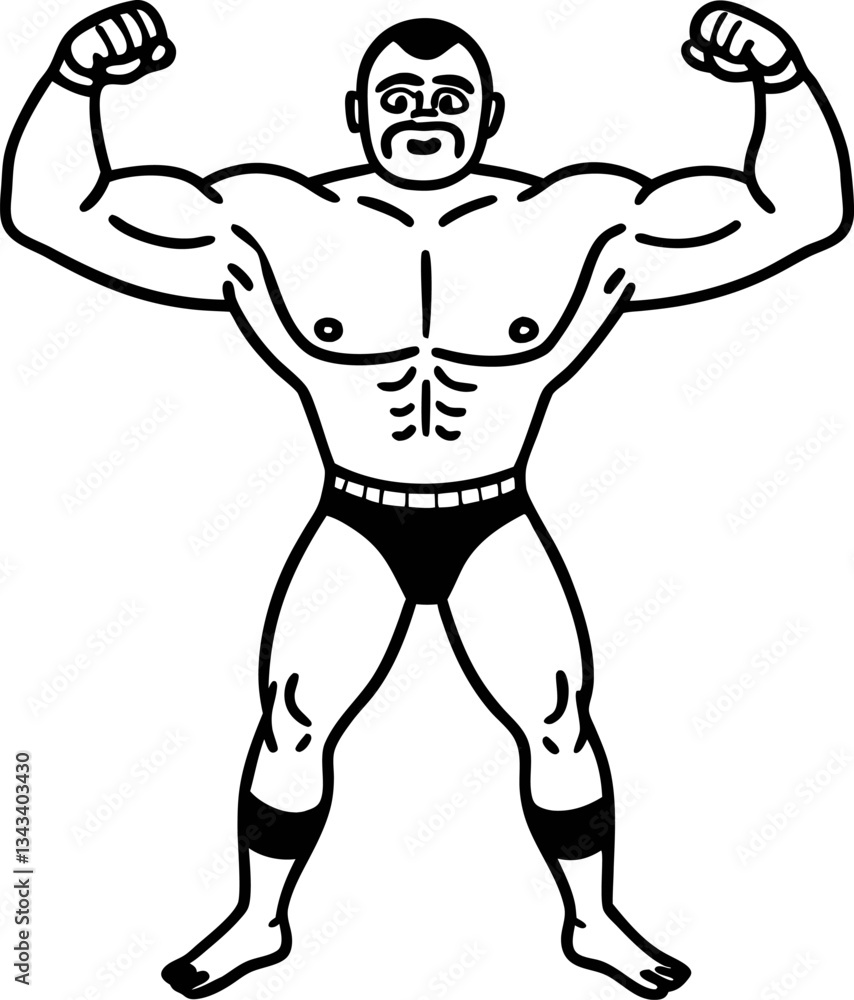 Strongman flexing muscles, illustration fitness and bodybuilding concept, black and white Strongman flexing muscles, illustration fitness and bodybuilding concept, black and white