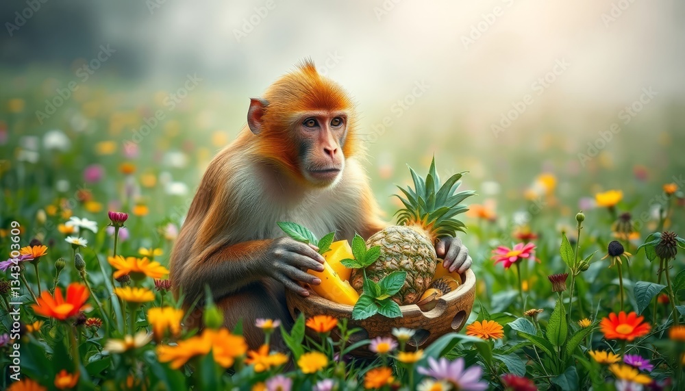Fototapeta premium A primate amongst blossoms, delicately handling a bowl of tropical fruits in a vibrant meadow