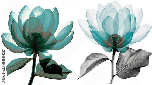 transparent teal flowers on a white background