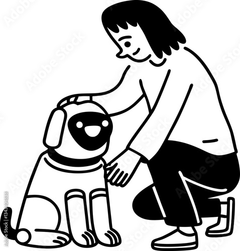 Person interacts with robot dog companion for companionship and futuristic pet care
