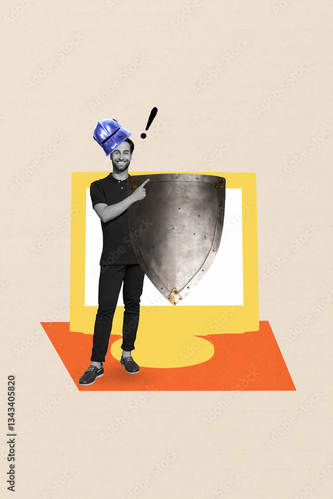 Fototapeta premium Exclusive image vertical photo collage of happy soldier man wear steel helmet protection shield point exclamation mark pc monitor