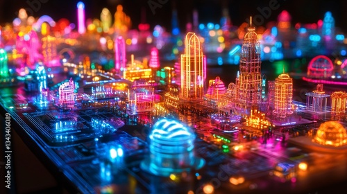 Futuristic Metropolis Model with Glowing Neon City Lights