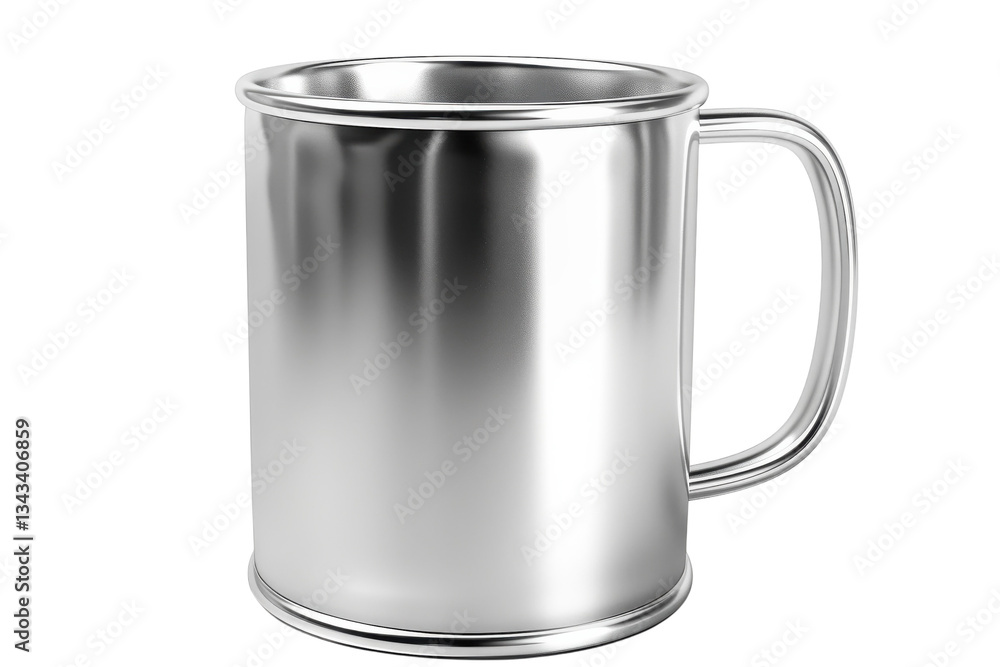 Shiny metallic mug resting on a smooth surface with reflective highlights in soft light
