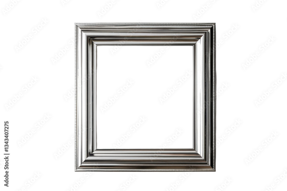 Elegant empty silver frame gracefully displayed against a minimalist white wall background
