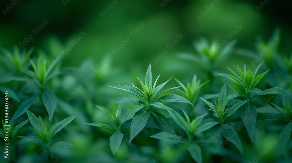 Naklejka premium Lush greenery with young, fresh leaves in natural setting.