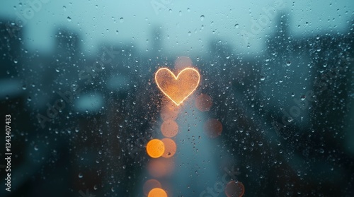 Fogged Window with Heart Drawing in Rain