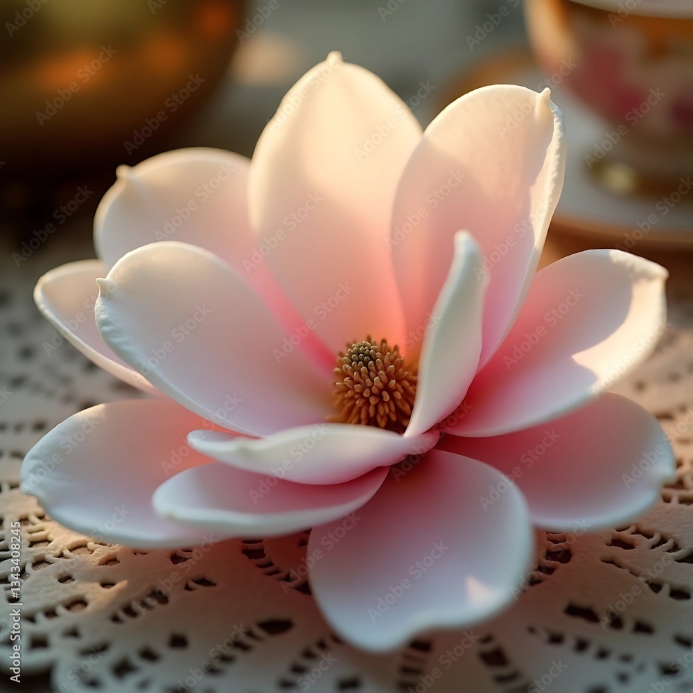 Obraz premium Close-Up of Velvet Magnolia Petal Cradling a Dewdrop with Blush Pink and Pearl White Hues