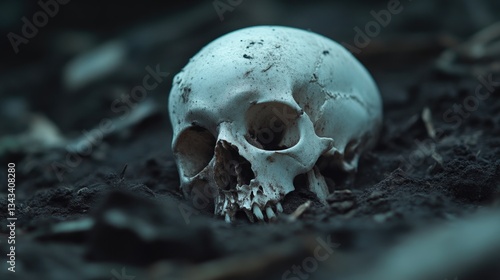 A skull resting in dark earth.  Close-up view of a pale skull, partially buried in the ground.  Visible are bone textures, and a shadowy, muted surrounding