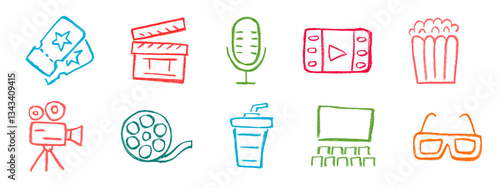 Cinema Related Icon Crayon Chalk Drawing Vector Set