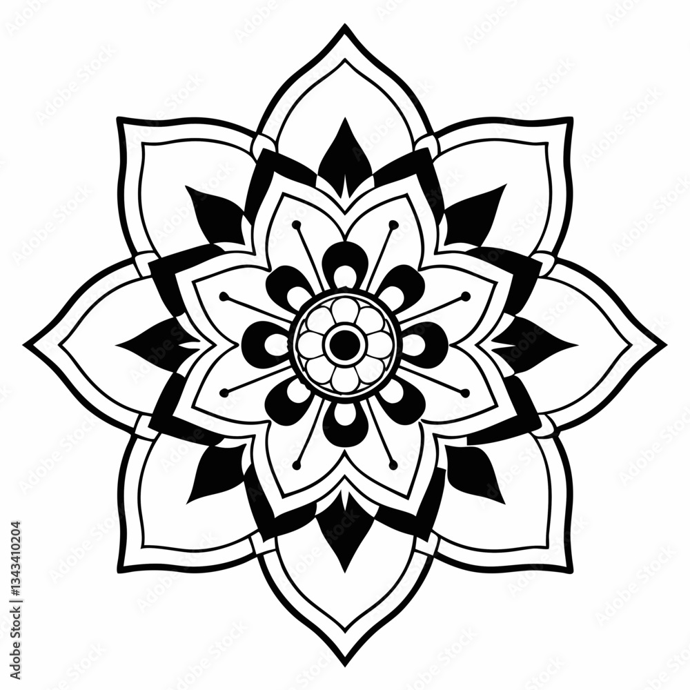 Fototapeta premium Kids Radiant Peaceful Petals coloring book mandala page design, tattoo design, wall art, simple mandala art, Design for a wallpaper Paint shirt and tile Sticker Design, vector file