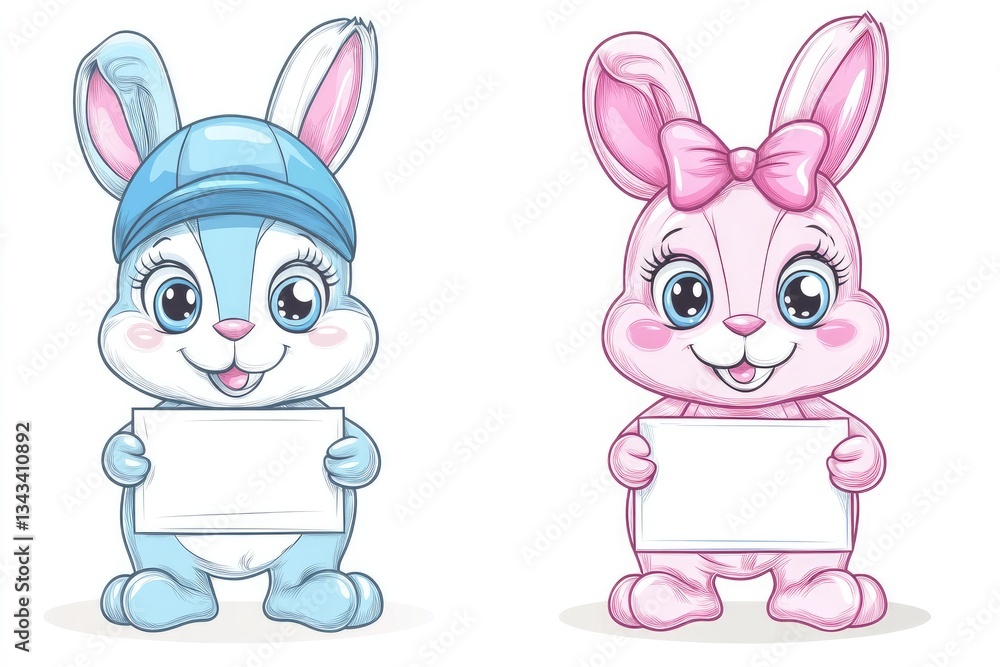 Obraz premium Cute Cartoon Rabbits Holding Blank Signs On White Background
