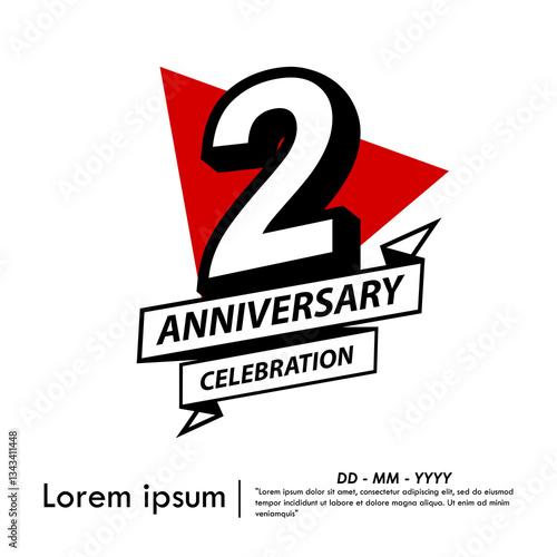 2nd years anniversary celebration emblem. black anniversary logo isolated with ribbon and red triangle on white background. vector illustration template design for web, flyers, poster, greeting card	