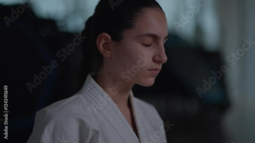 Woman training Karate in the dark, with big windows in the back