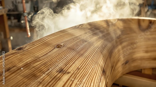 Wooden boat building process showing steam-bent planking conforming to hull curve, steaming apparatus with rising steam diffusing morning light, detailed wood grain texture