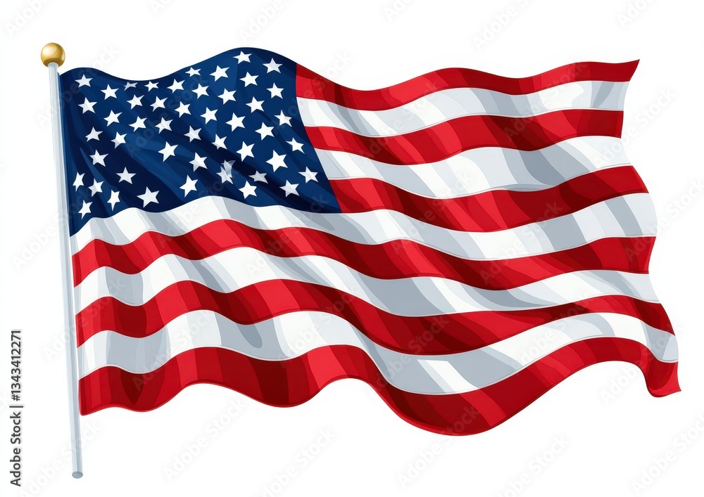 Fototapeta premium An American flag proudly waves in the wind against a white background