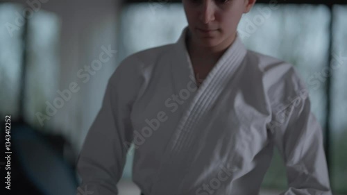 Woman training Karate in the dark, with big windows in the back