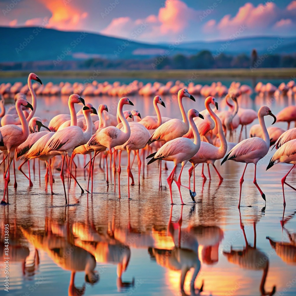 Naklejka premium African flamingos in the lake over beautiful sunset, flock of exotic birds at natural habitat.