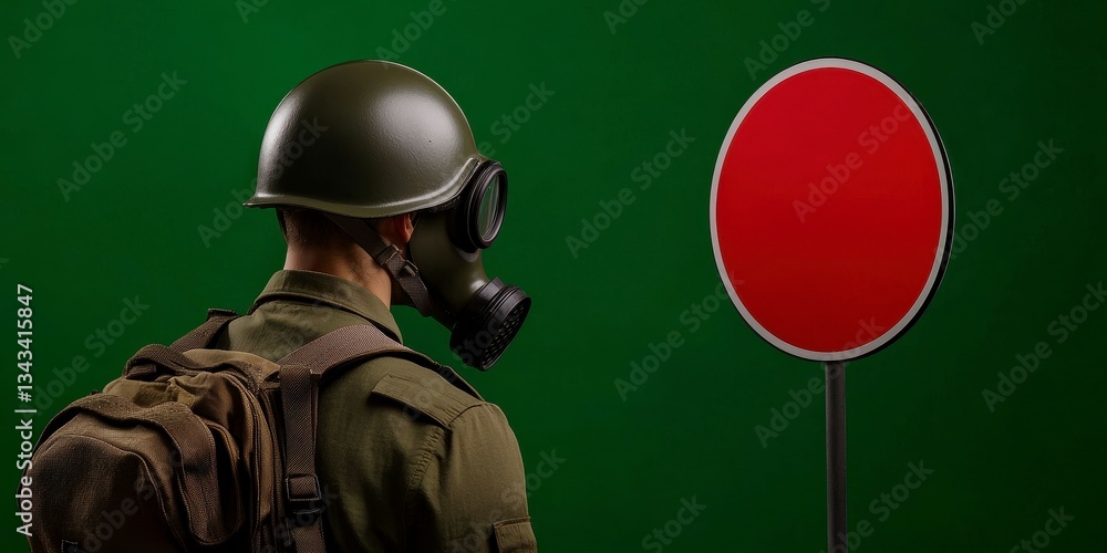 Fototapeta premium Figure in Protective Gear Confronting a Red Circular Sign against Green Backdrop Safety and Preparation