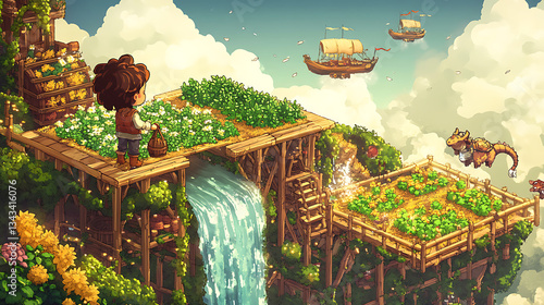 A floating island farm with enchanted crops and mystical creatures.