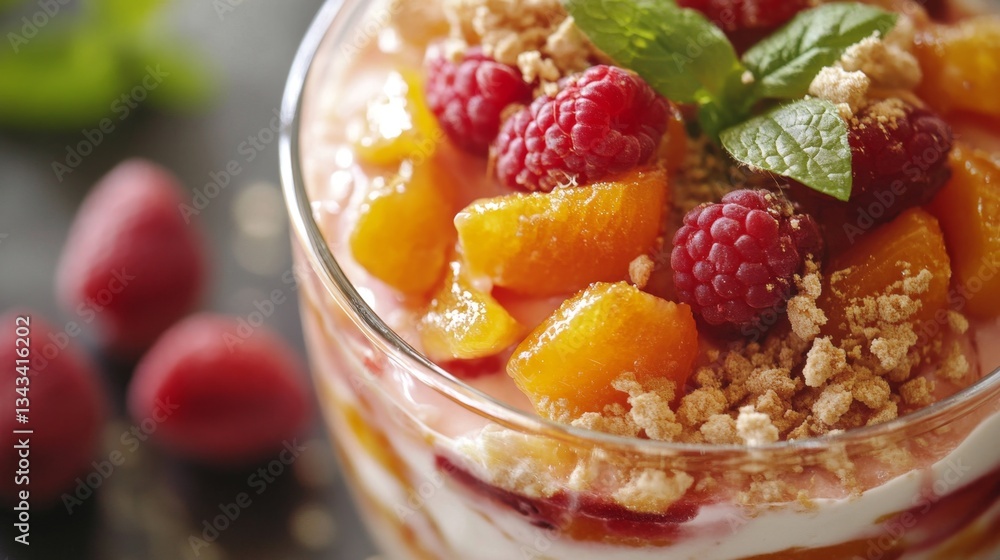 Fresh Fruit Parfait with Raspberries, Peaches, and Granola Topping Fresh Fruit Parfait with Raspberries, Peaches, and Granola Topping