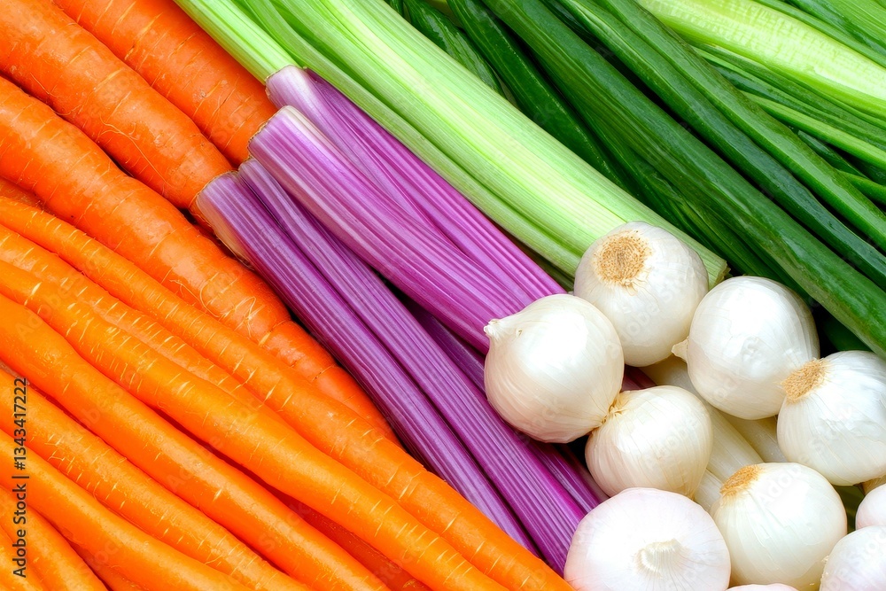 Colorful Vegetable Mix Featuring Fresh Carrots Onions and Celery Sticks Arrayed in an Assortment Colorful Vegetable Mix Featuring Fresh Carrots Onions and Celery Sticks Arrayed in an Assortment