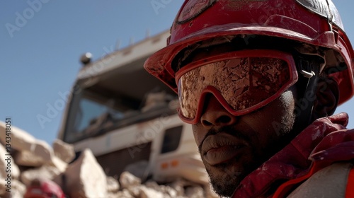Resilience Redefined Portrait of a Determined Construction Worker Amidst a Dusty Disaster Area
