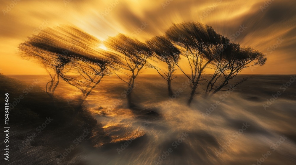 Obraz premium Dynamic Sunset with Silhouetted Trees and Motion Effect