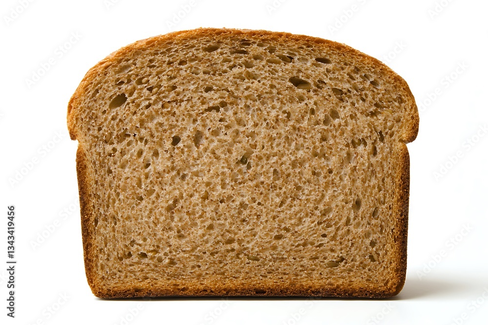 A perfectly toasted slice of whole wheat bread, showcasing its rustic texture and warm golden brown crust against a bright white background. A perfectly toasted slice of whole wheat bread, showcasing its rustic texture and warm golden brown crust against a bright white background.