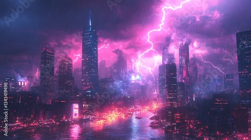 Wallpaper Mural A neon lightning storm illuminating a futuristic city Torontodigital.ca