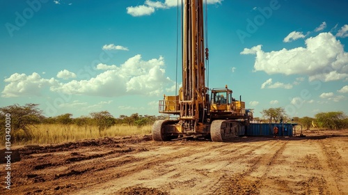 Yellow drilling rig on a construction site.