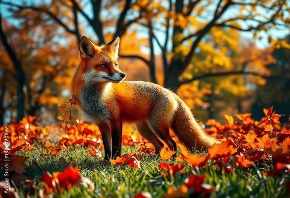Naklejka premium A Majestic Red Fox Amidst a Vibrant Autumnal Landscape, Basking in the Golden Sunlight, Surrounded by a Carpet of Fallen Leaves