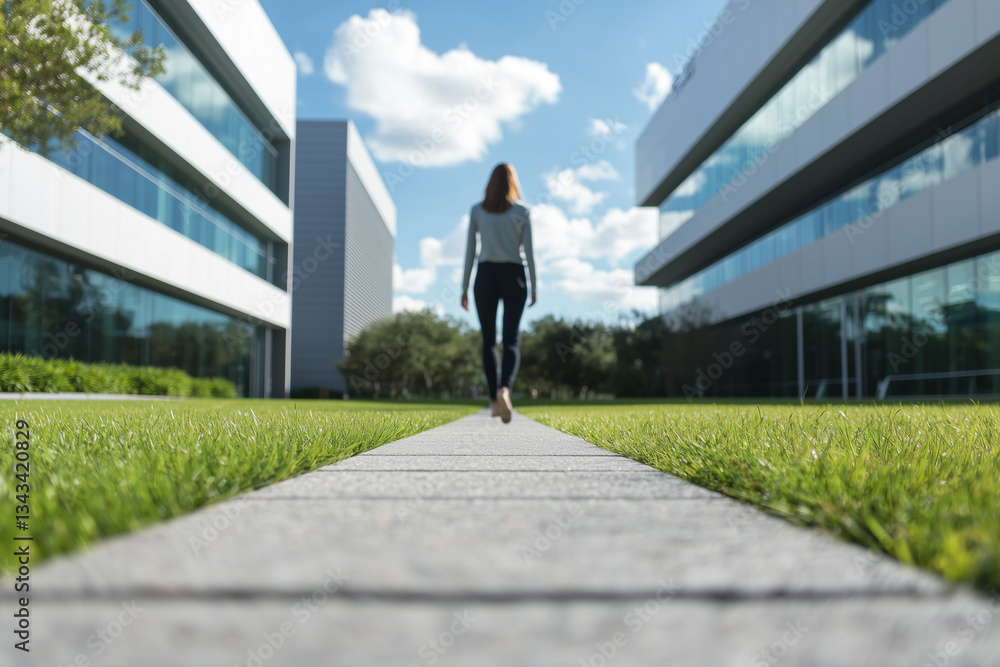 woman walks confidently along path between modern office buildings under bright blue sky, evoking sense of purpose and determination woman walks confidently along path between modern office buildings under bright blue sky, evoking sense of purpose and determination