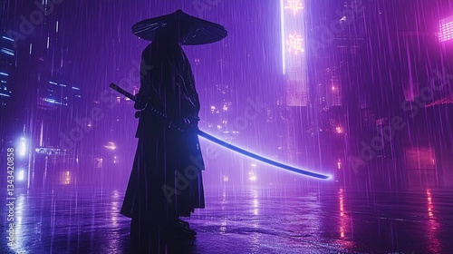 A neon samurai standing in the rain with a cyber sword